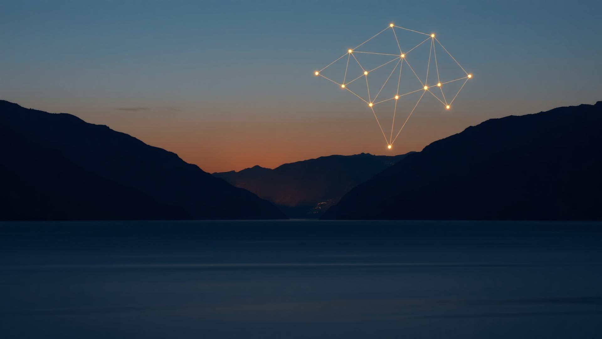 Bergsee in tiefem Blau mit goldenem Licht am Horizont und feinem Netzwerk aus Lichtpunkten am Himmel